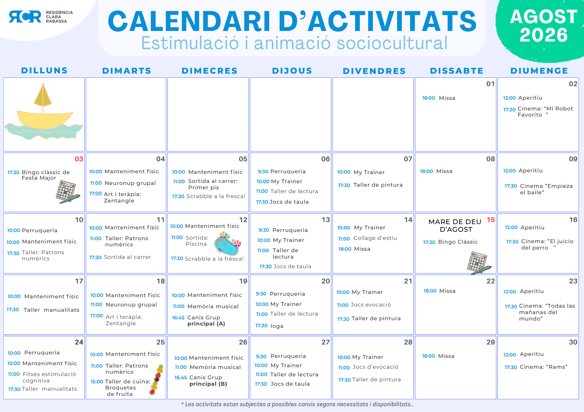 Planificació d'activitats Agost 2026