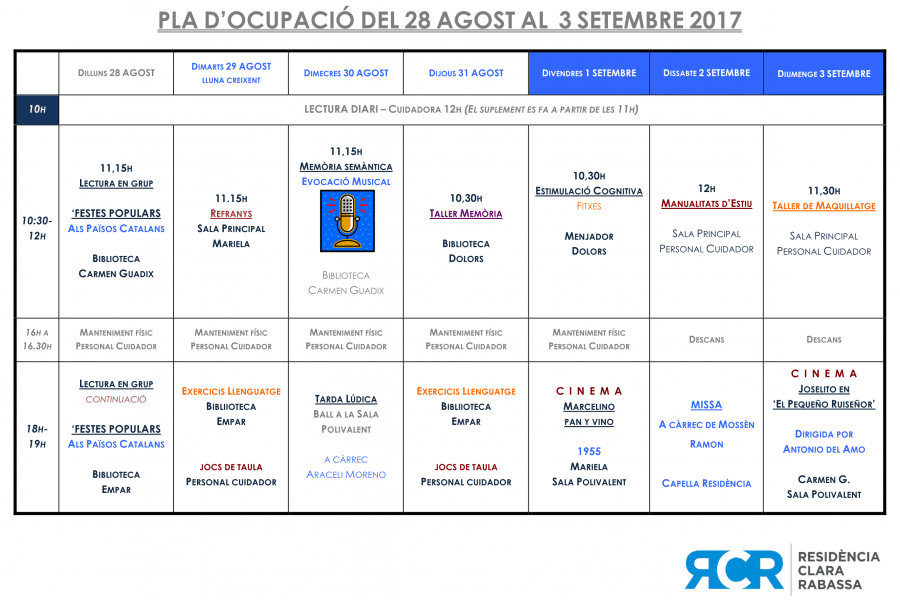PLA OCUPACIÓ DEL 28 AGOST AL 3 SETEMBRE 2017
