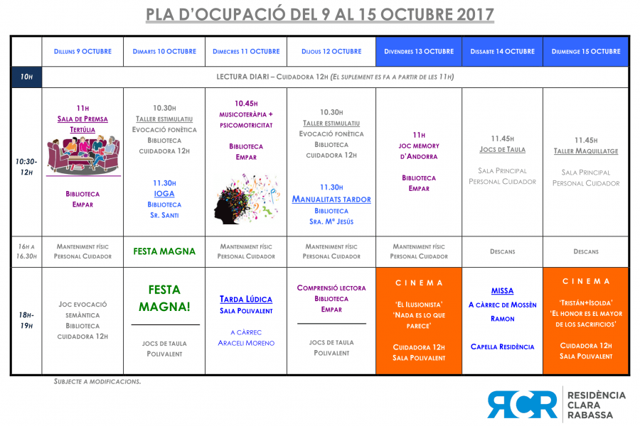 PLA OCUPACIÓ DEL 9 AL 15 OCTUBRE 2017
