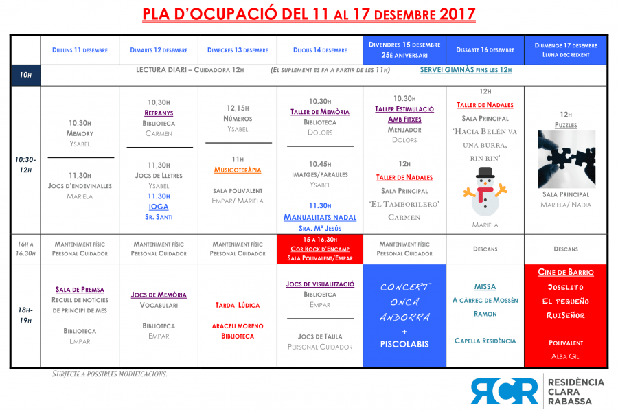 PLA OCUPACIÓ DEL 11 AL 17 DE DESEMBRE 2017