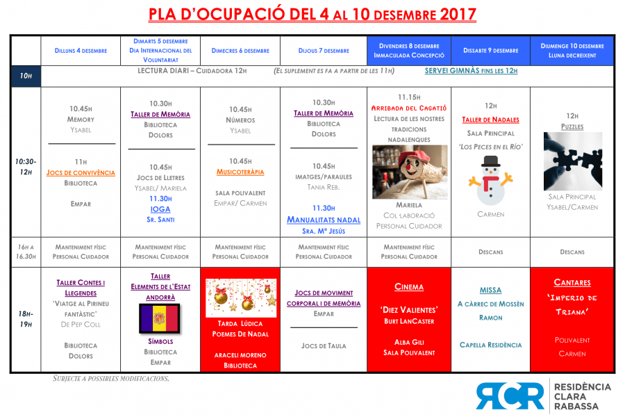 PLA OCUPACIÓ DEL 4 AL 10 DESEMBRE 2017