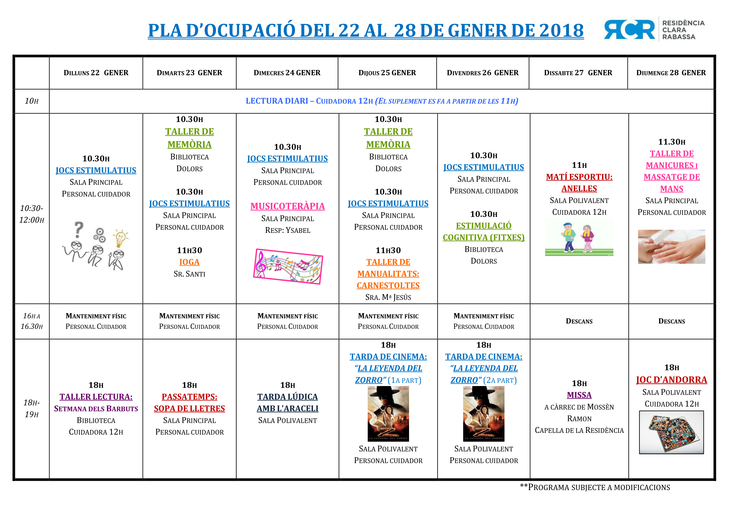 PLA D’OCUPACIÓ DEL 22 AL 28 DE GENER DE 2018