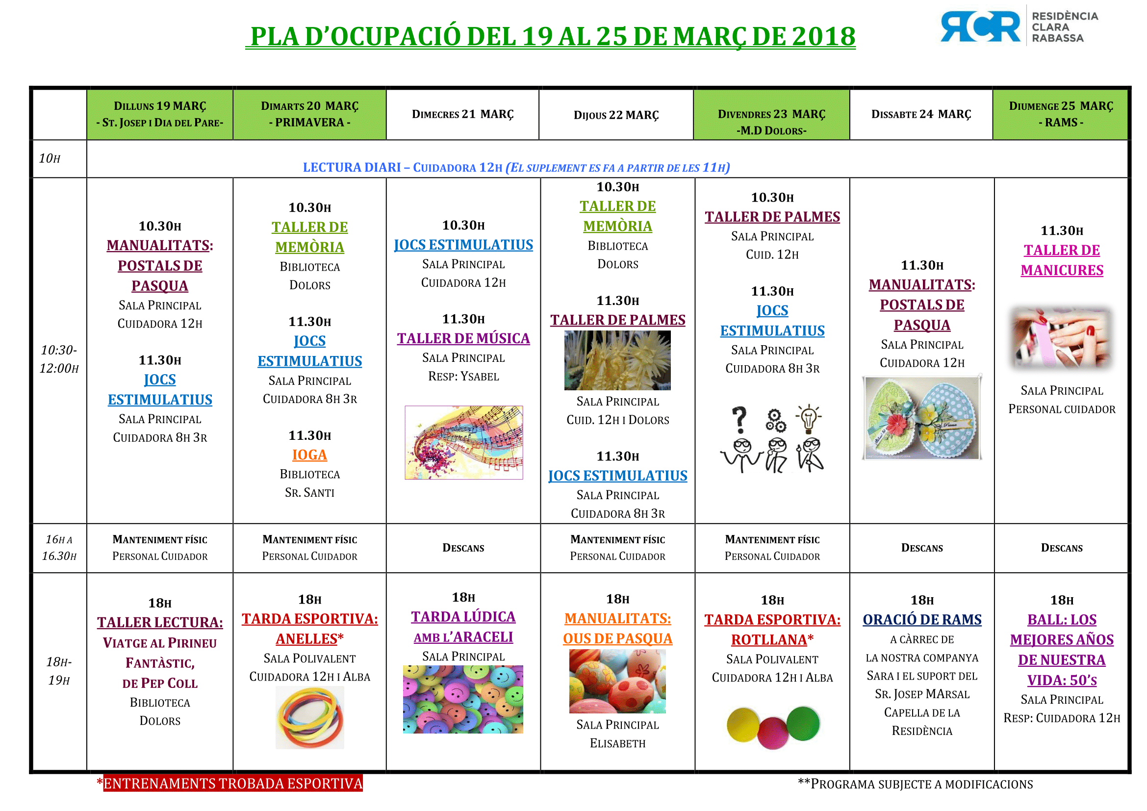 PLA D’OCUPACIÓ DEL 19 AL 25 DE MARÇ DE 2018