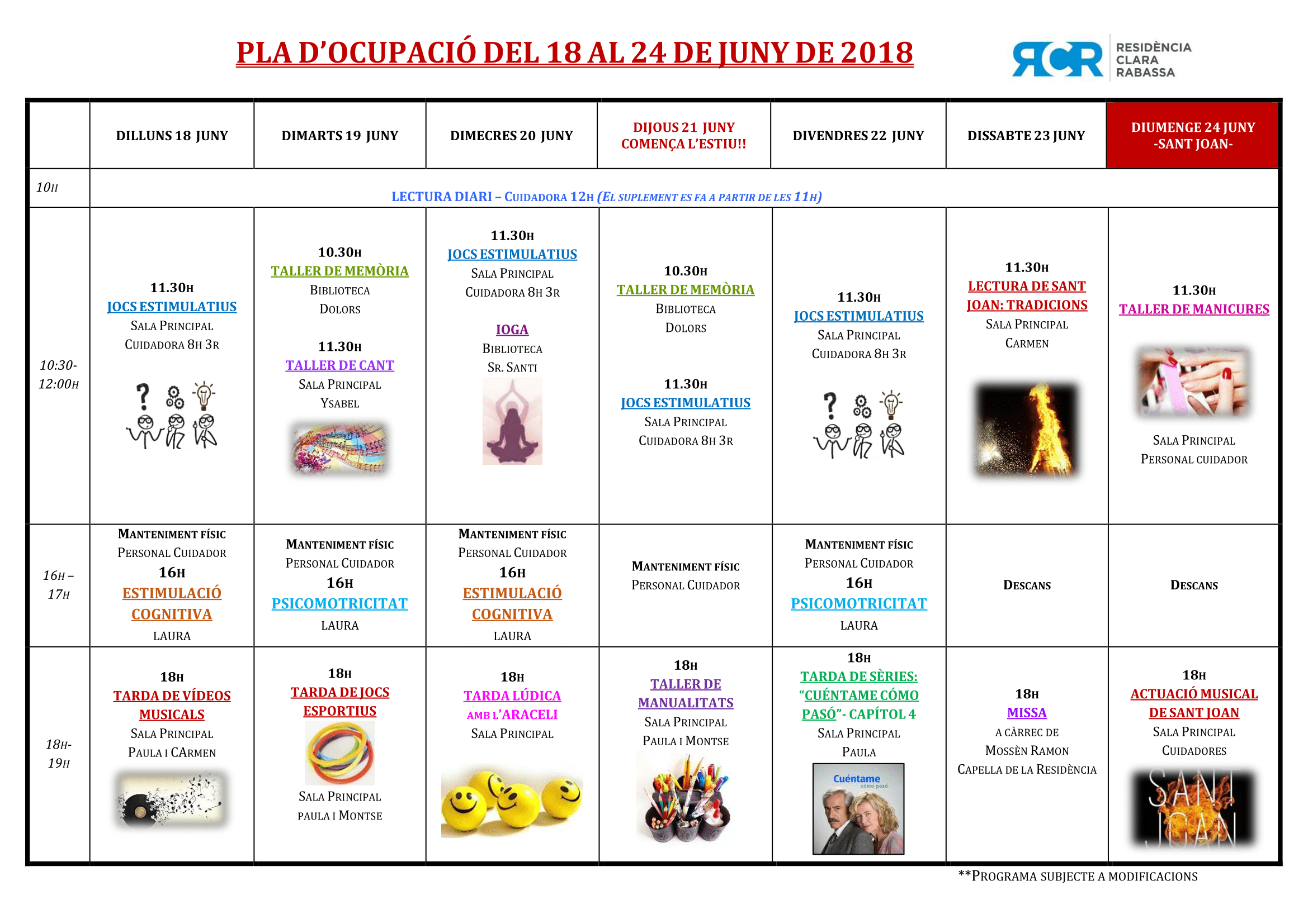 PLA D’OCUPACIÓ DEL 18 AL 24 DE JUNY DE 2018