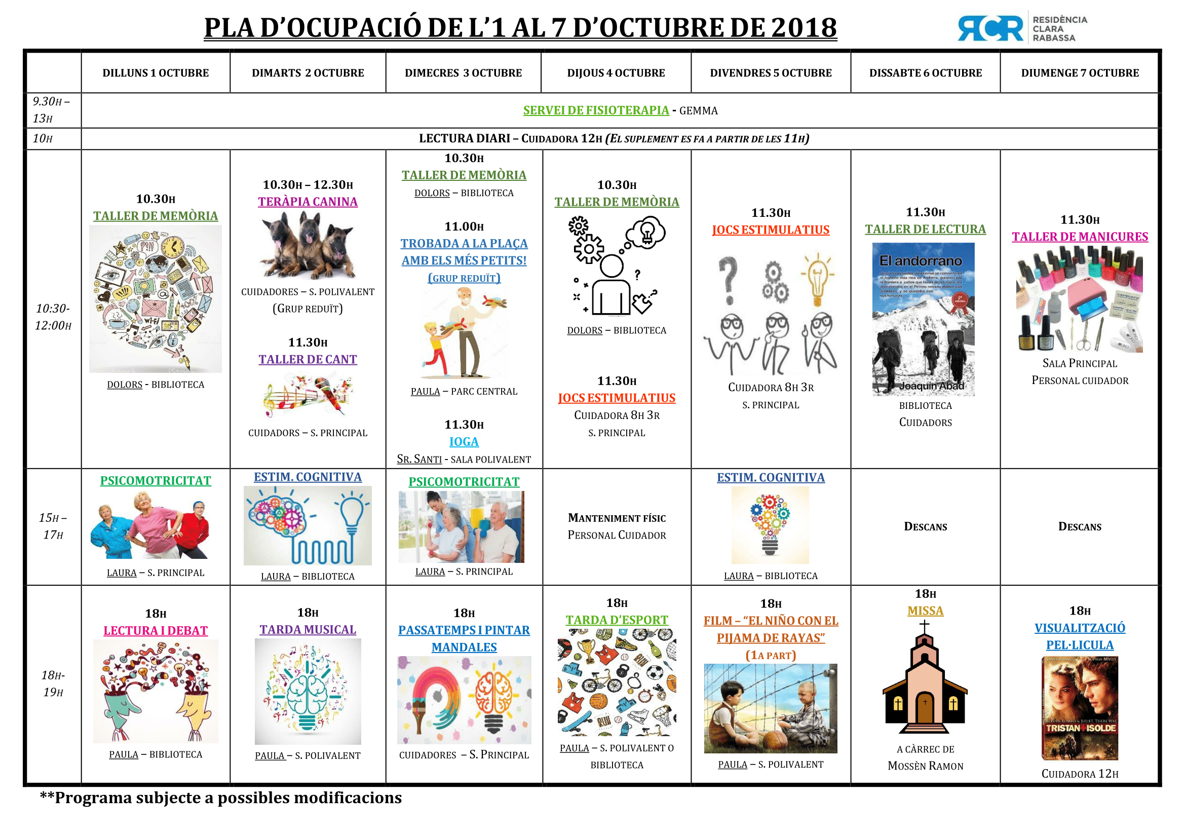 PLA OCUPACIÓ DE L’1 AL 7 D’OCTUBRE DE 2018