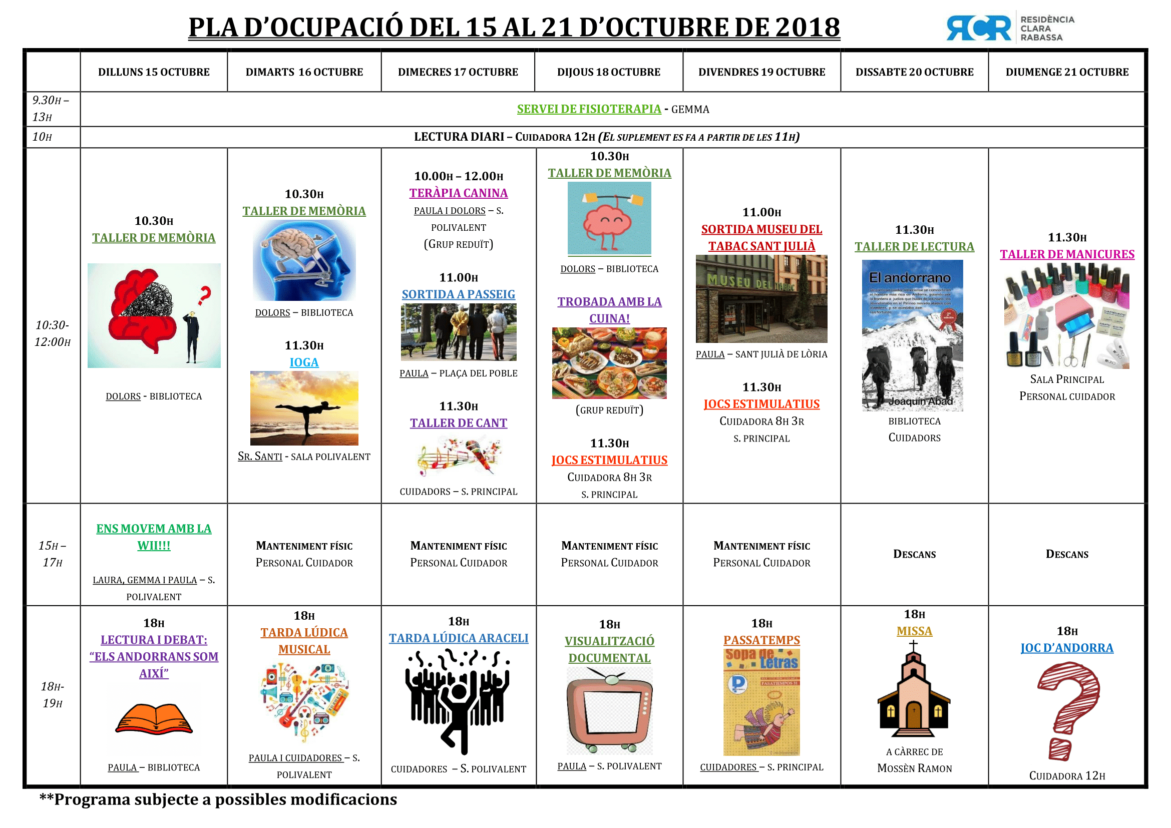 PLA OCUPACIÓ DEL 15 AL 21 D’OCTUBRE DE 2018